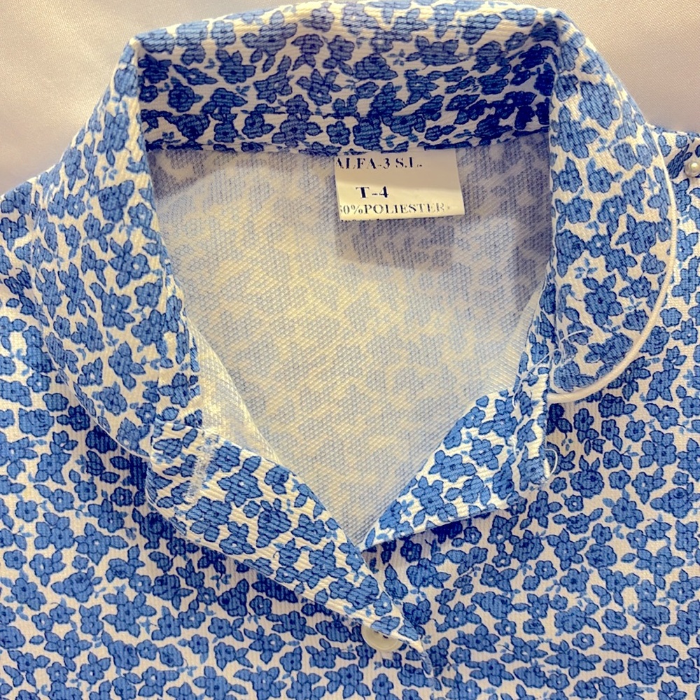 NWOT ALFA -3 SL KIDS UNISEX BUTTON DOWN  BLUE & WHITE FLOWER PRINT SHIRT SIZE 4 - Picture 6 of 10